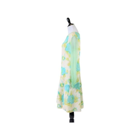 Vintage 1960s Pastel Floral Printed Drop Waist Dress With Chiffon Sleeves Large - Picture 2 of 7